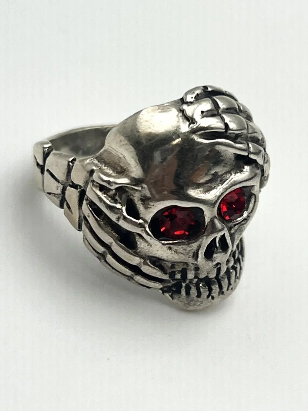 925 Silver Men's Gothic Skull Ring w/ Red Crystal Eyes & Skeleton Hands - Sz. 12